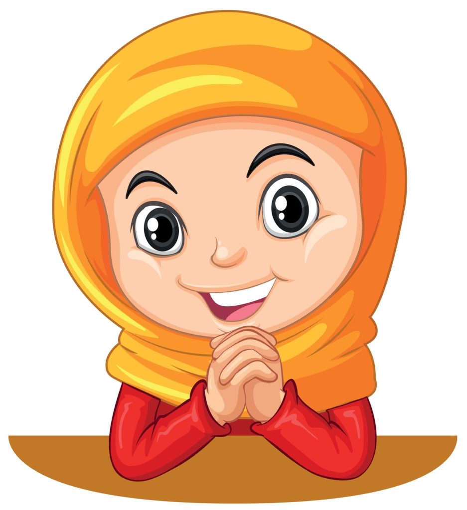 Muslim girl with head scarf praying illustration